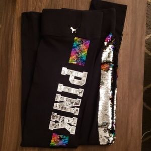 Vs pink yoga leggings L rainbow reversible sequins